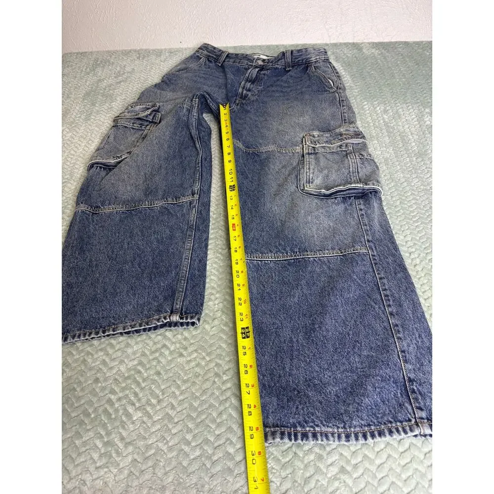 Bershka Skater Cargo Jeans Baggy Wide Leg Blue Denim Y2K Size 30